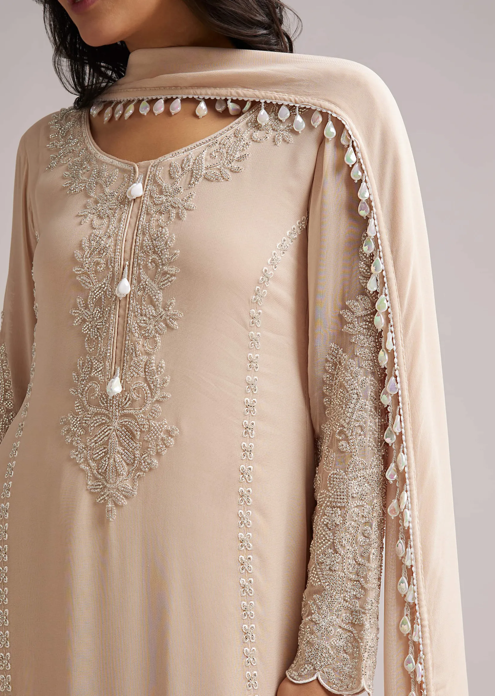 Soft Peach Beaded Kurti Pant Set With Dupatta