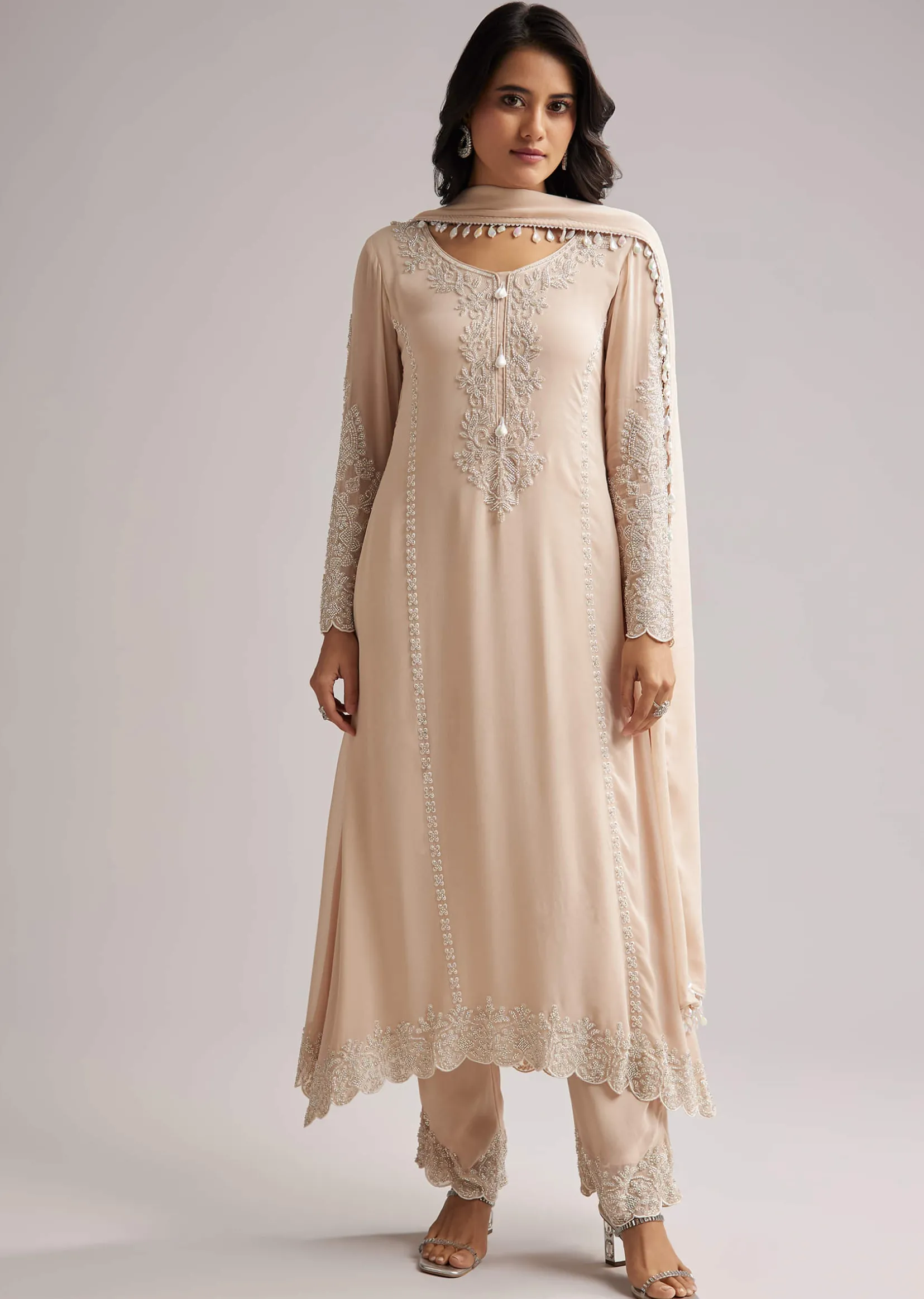 Soft Peach Beaded Kurti Pant Set With Dupatta