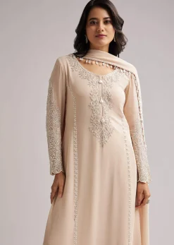 Soft Peach Beaded Kurti Pant Set With Dupatta