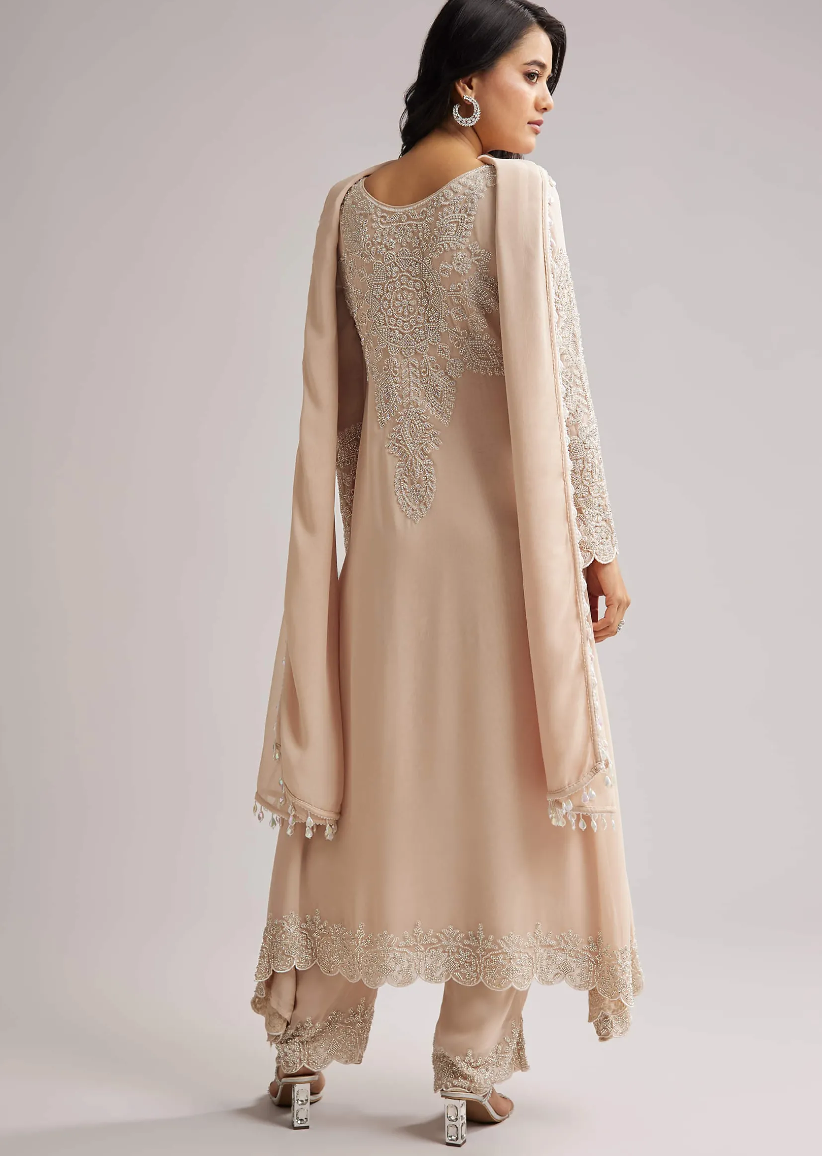 Soft Peach Beaded Kurti Pant Set With Dupatta