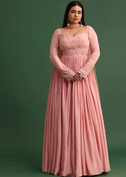Soft Pink Embroidered Anarkali Suit With Choker Dupatta