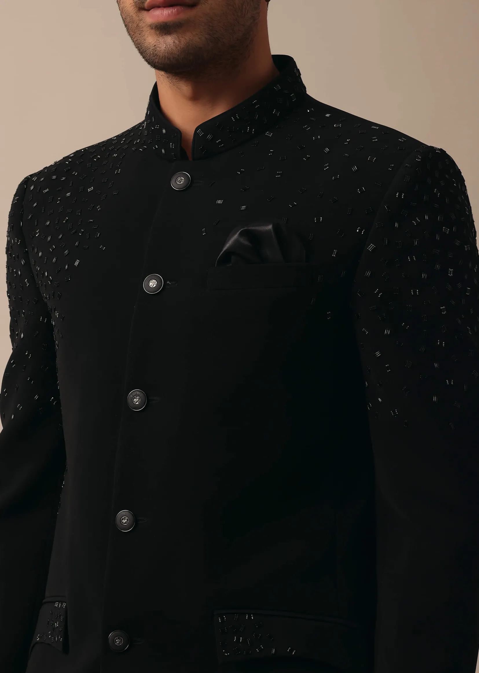 Sophisticated Black Textured Fabric Jodhpuri Suit
