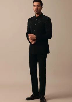 Sophisticated Black Textured Fabric Jodhpuri Suit