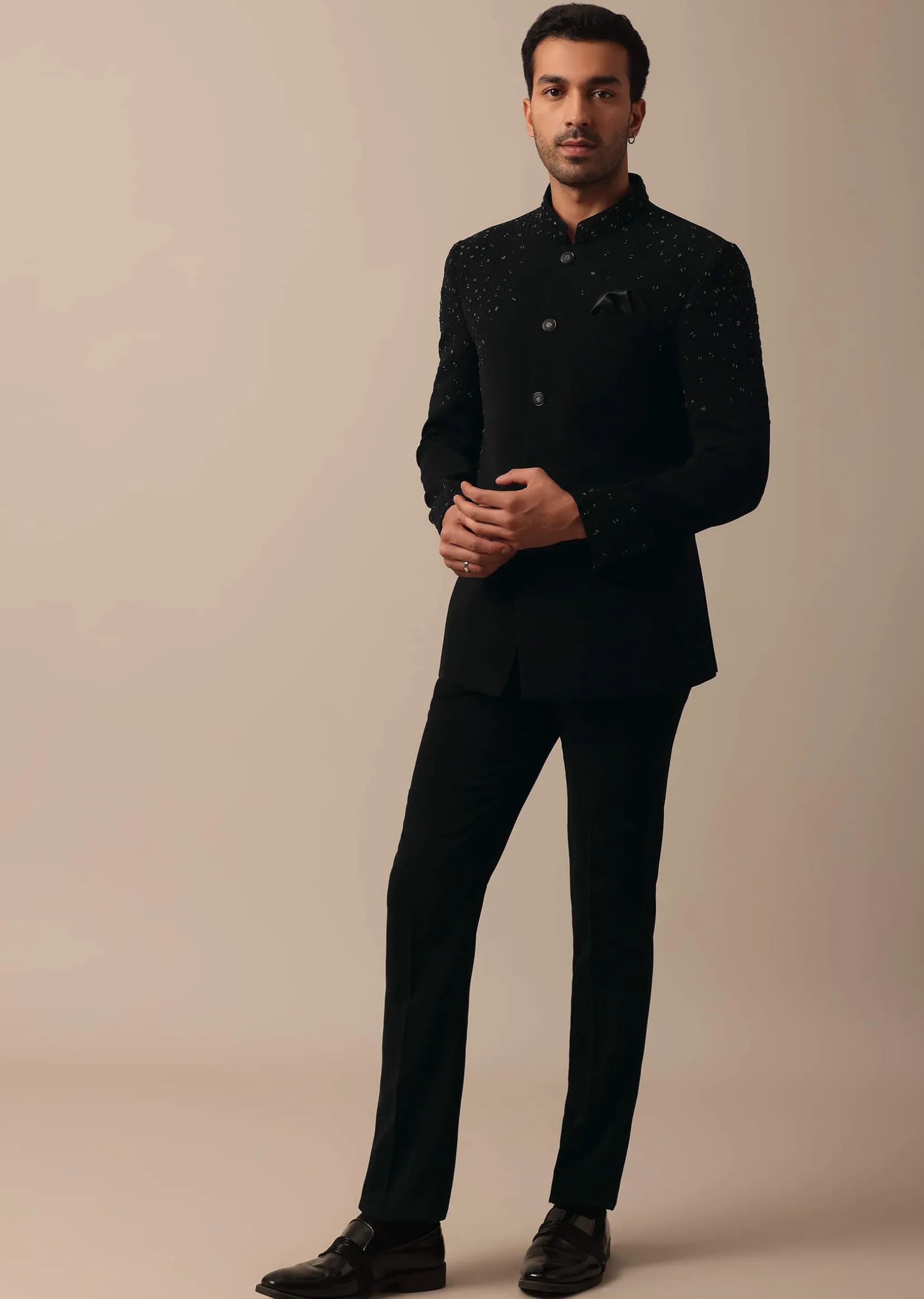 Sophisticated Black Textured Fabric Jodhpuri Suit