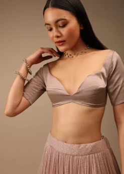 Sphinx Grey Blouse In Satin With Plunging Sweetheart Neckline And Half Sleeves