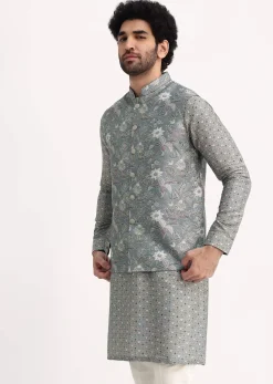 Steel Grey Kurta With Cutdana Embroidered Jacket Set For Men
