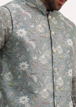 Steel Grey Kurta With Cutdana Embroidered Jacket Set For Men