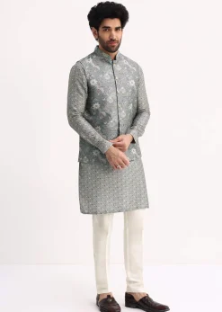 Steel Grey Kurta With Cutdana Embroidered Jacket Set For Men