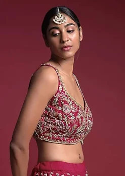 Strawberry Pink Choli In Raw Silk Adorned With Resham And Zardosi Embroidered Floral Jaal