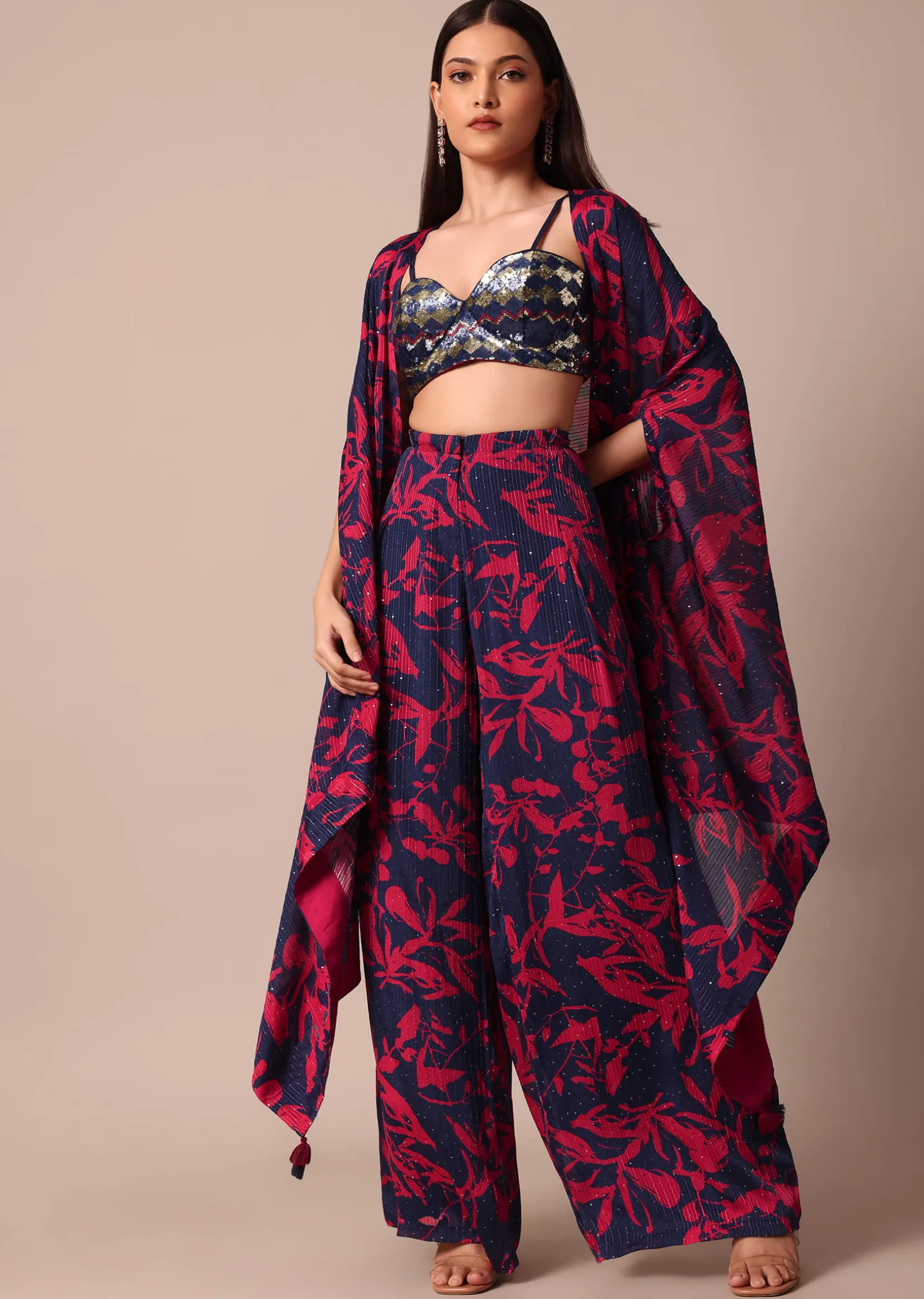 Stunning Red And Navy Floral Printed Palazzo With Sequence Embroidered Crop Top And Jacket Set