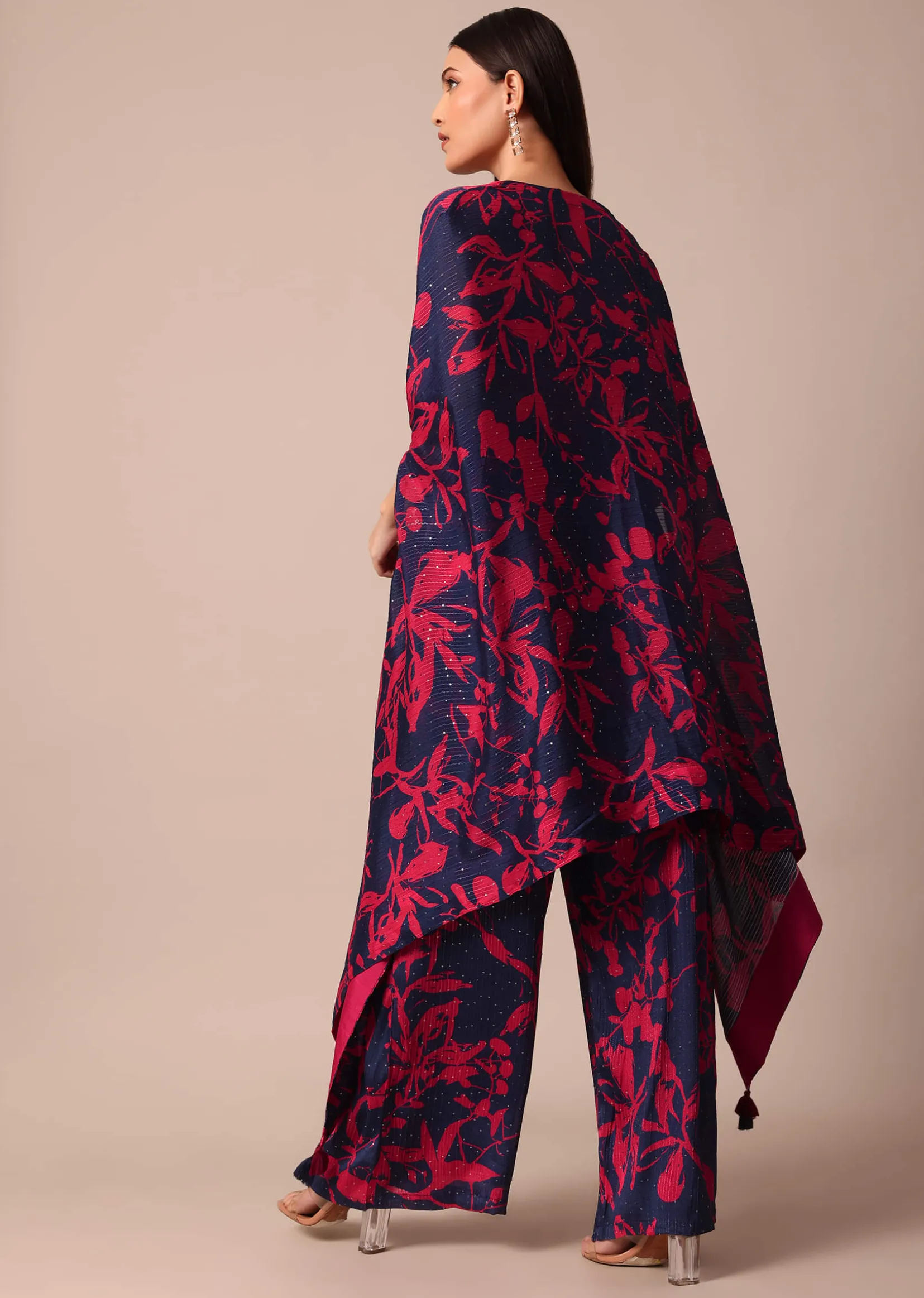 Stunning Red And Navy Floral Printed Palazzo With Sequence Embroidered Crop Top And Jacket Set