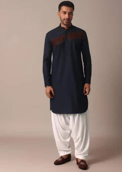 Stylish Blue Pathani Kurta Set With Pintuck Detailing
