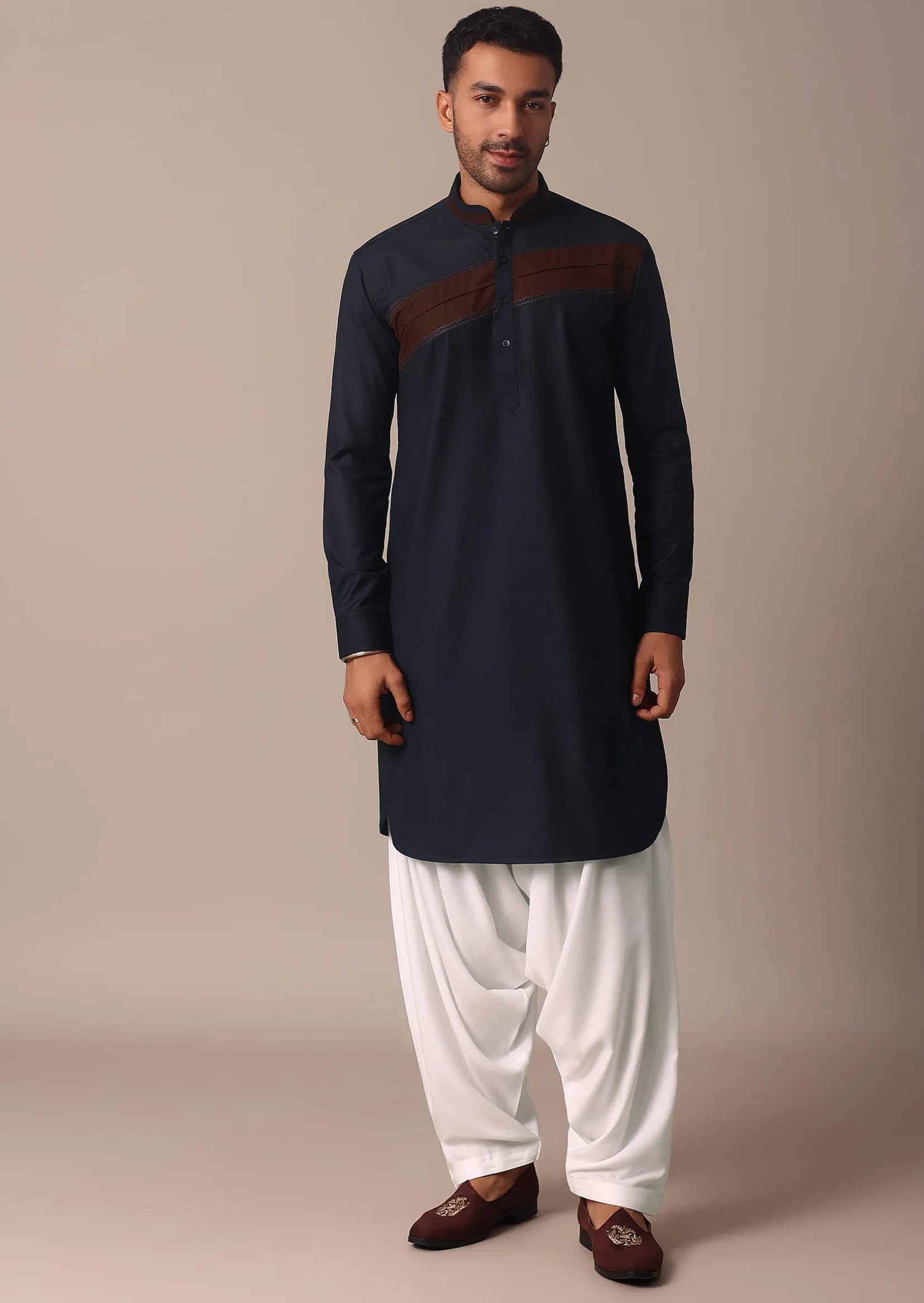 Stylish Blue Pathani Kurta Set With Pintuck Detailing