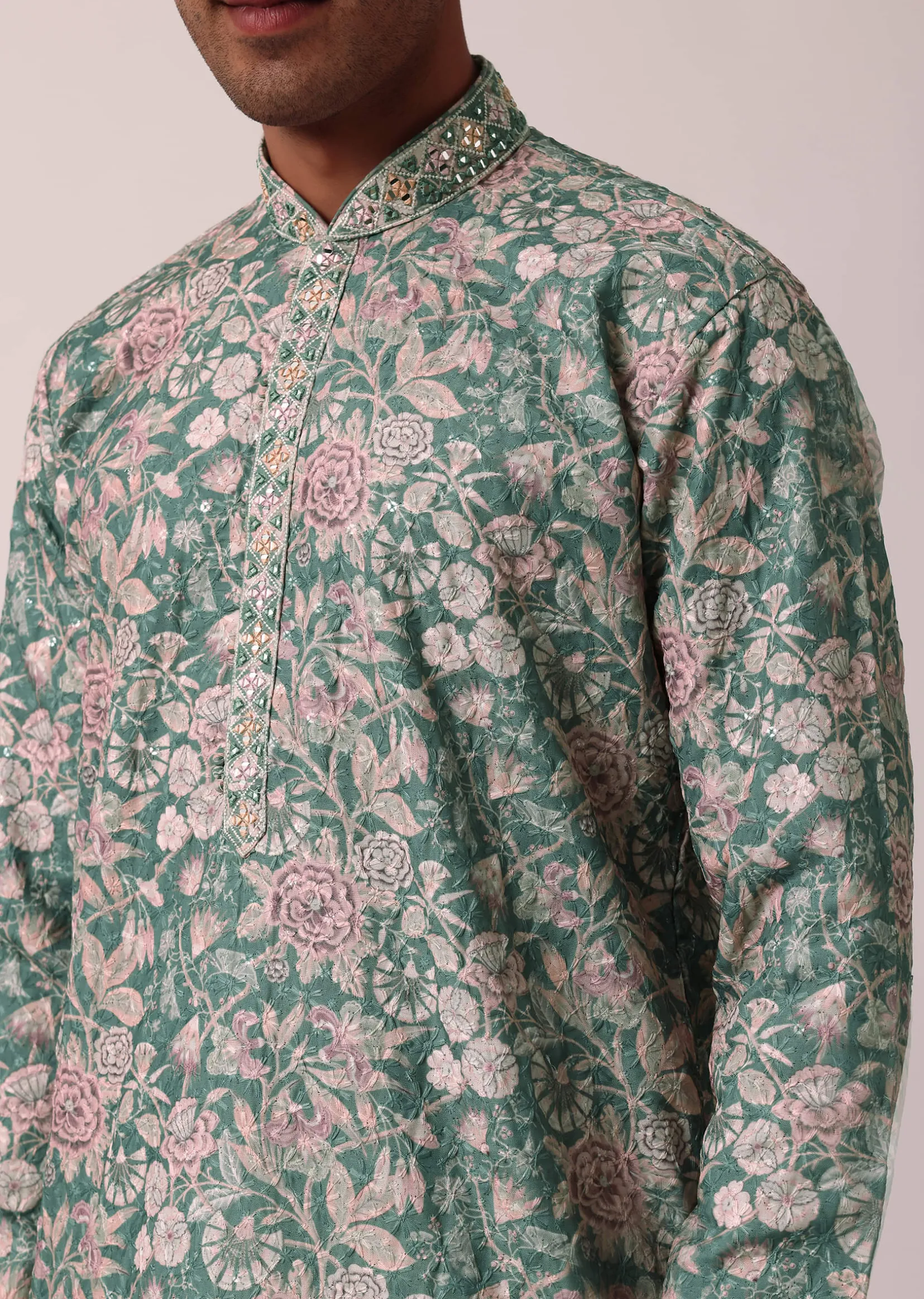 Stylish Green Silk Kurta Set With All-Over Print