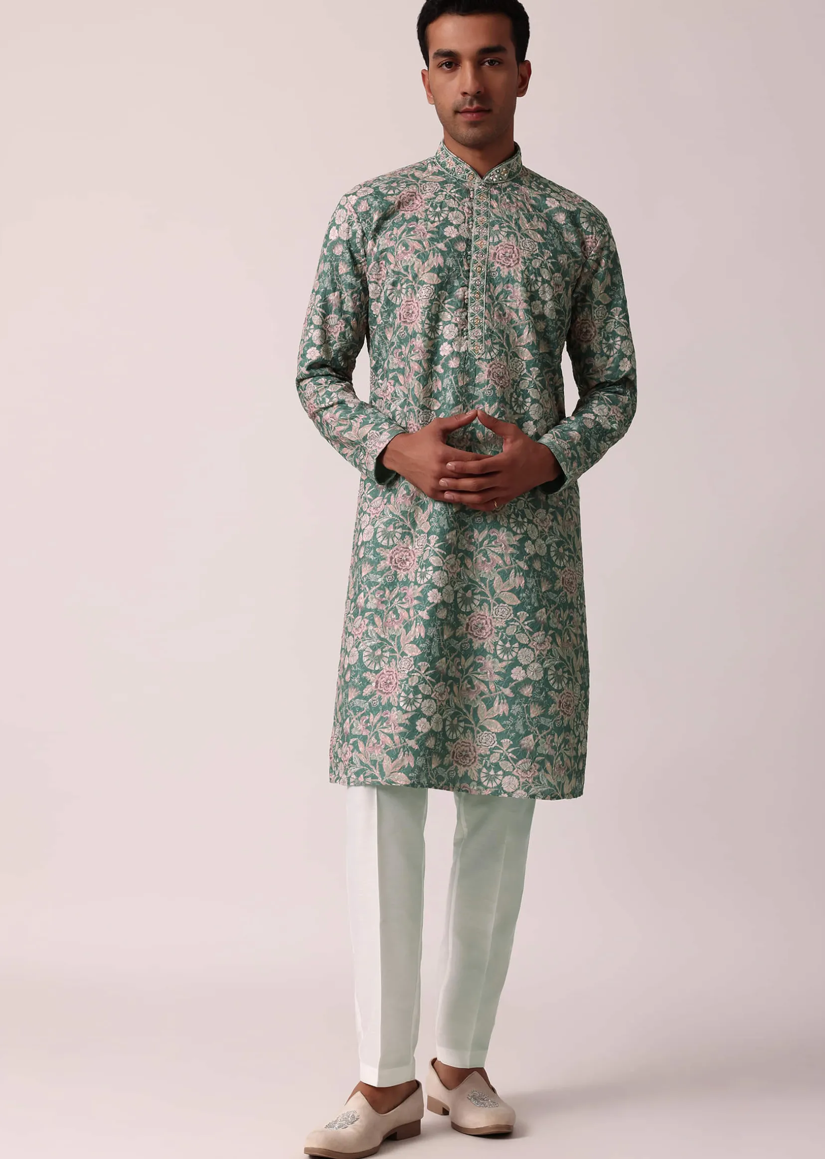Stylish Green Silk Kurta Set With All-Over Print