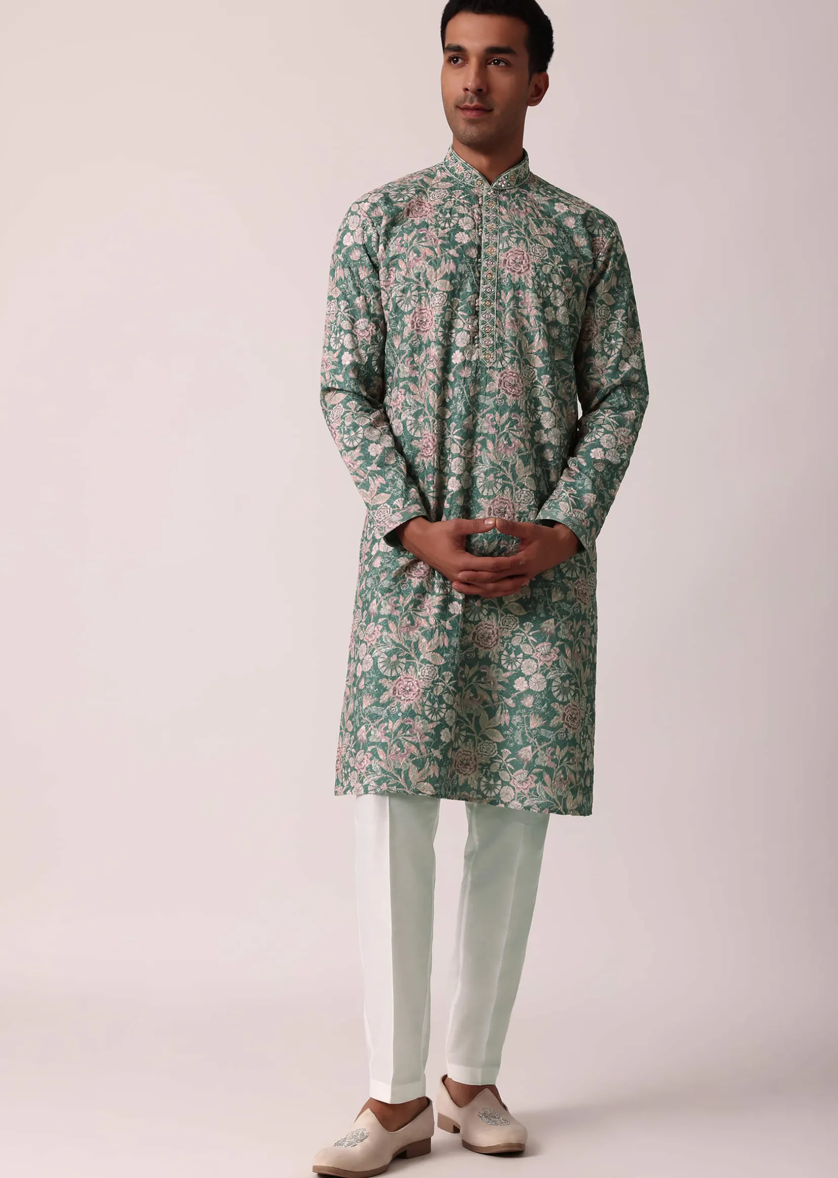 Stylish Green Silk Kurta Set With All-Over Print