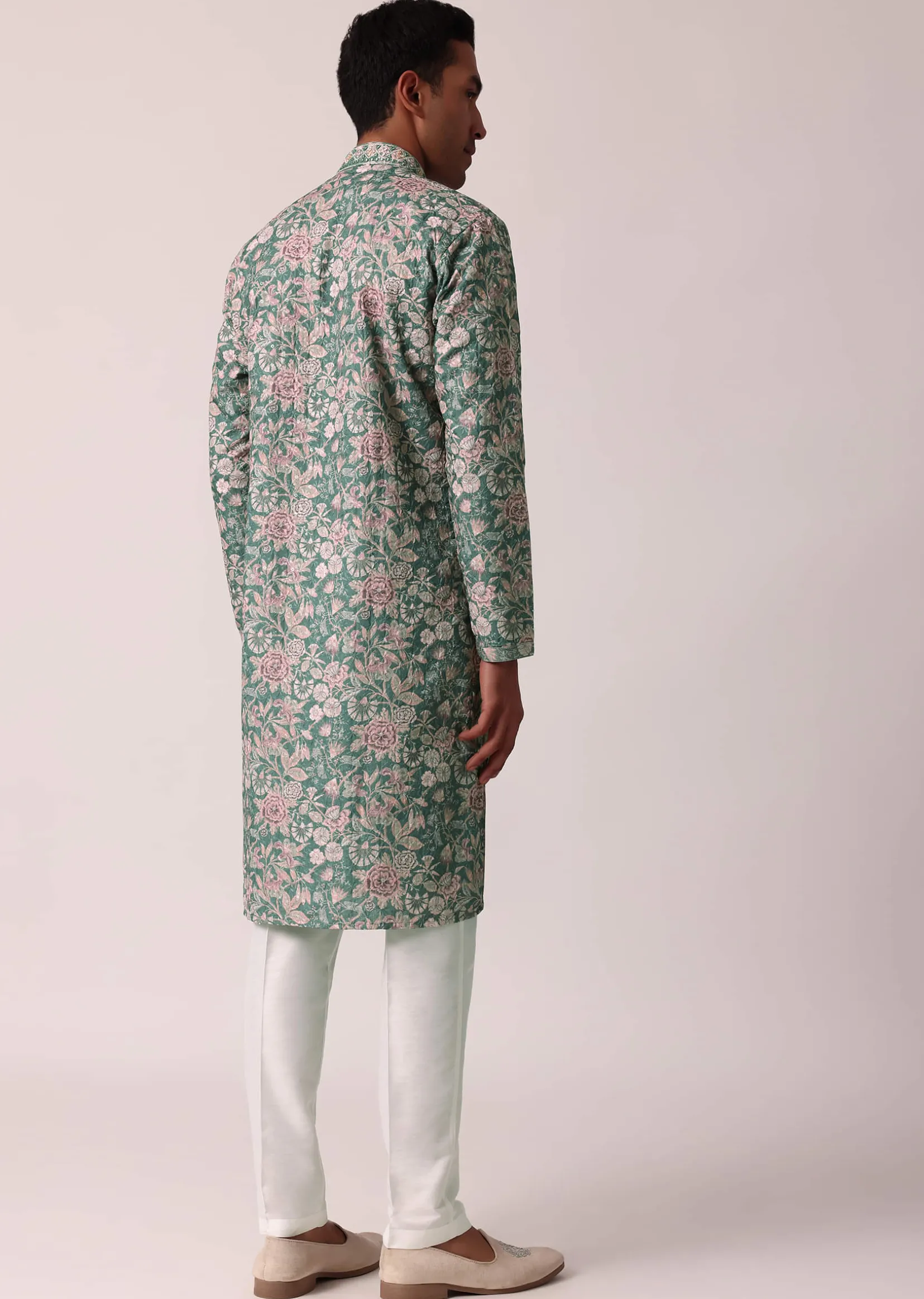 Stylish Green Silk Kurta Set With All-Over Print