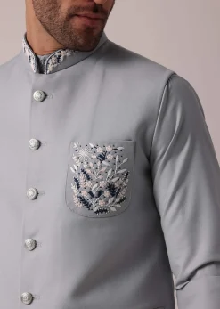 Stylish Grey Short Kurta With Embroidered Matching Bandi