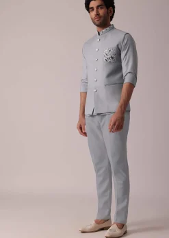 Stylish Grey Short Kurta With Embroidered Matching Bandi