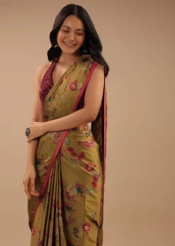 Sulphur Yellow Readymade Saree With Floral Print And Contrast Red Sequins Blouse