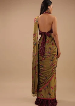 Sulphur Yellow Readymade Saree With Floral Print And Contrast Red Sequins Blouse