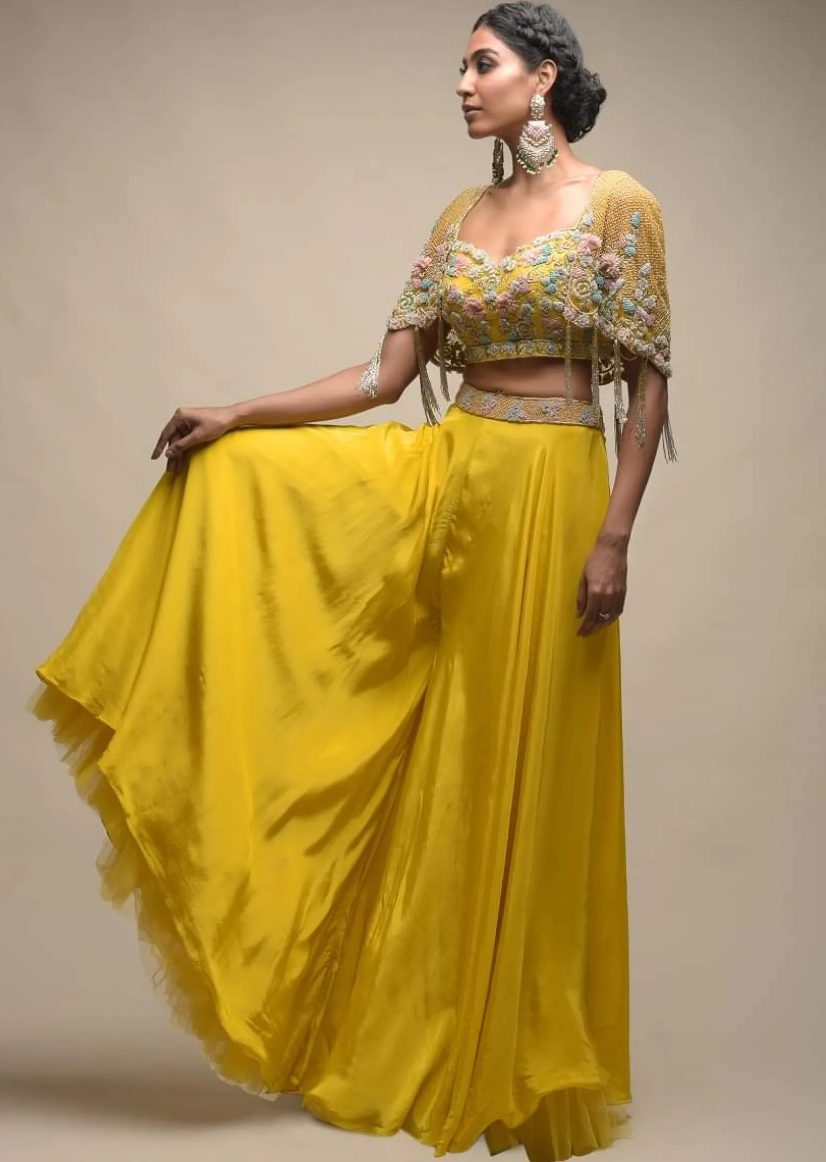 Sun Yellow Palazzo Suit With 3D Organza Flower Embellished Crop Top And Short Cape