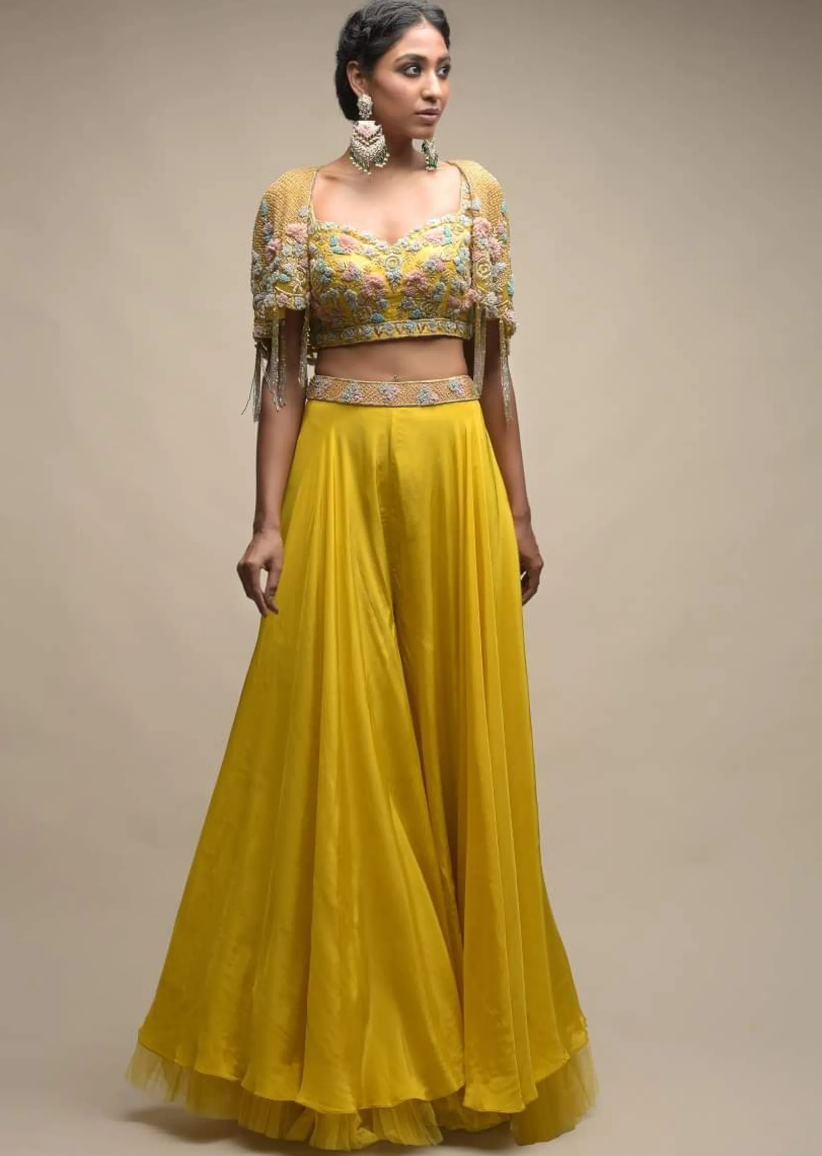 Sun Yellow Palazzo Suit With 3D Organza Flower Embellished Crop Top And Short Cape