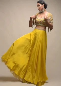 Sun Yellow Palazzo Suit With 3D Organza Flower Embellished Crop Top And Short Cape