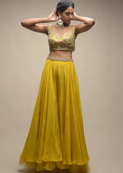 Sun Yellow Palazzo Suit With 3D Organza Flower Embellished Crop Top And Short Cape