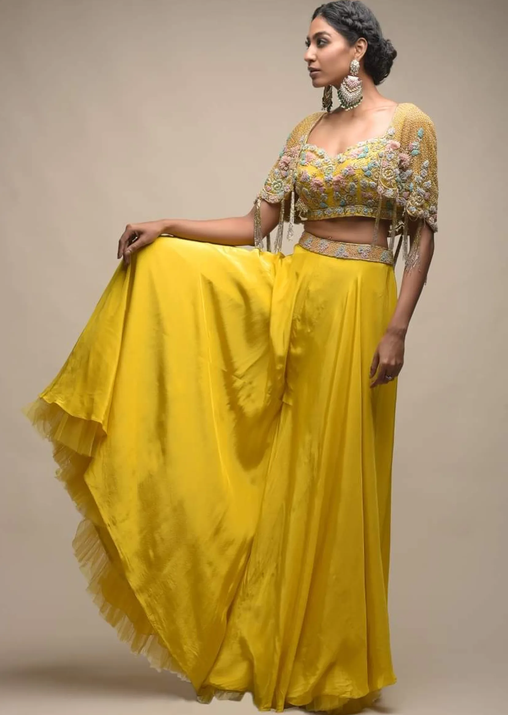 Sun Yellow Palazzo Suit With 3D Organza Flower Embellished Crop Top And Short Cape