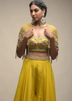 Sun Yellow Palazzo Suit With 3D Organza Flower Embellished Crop Top And Short Cape
