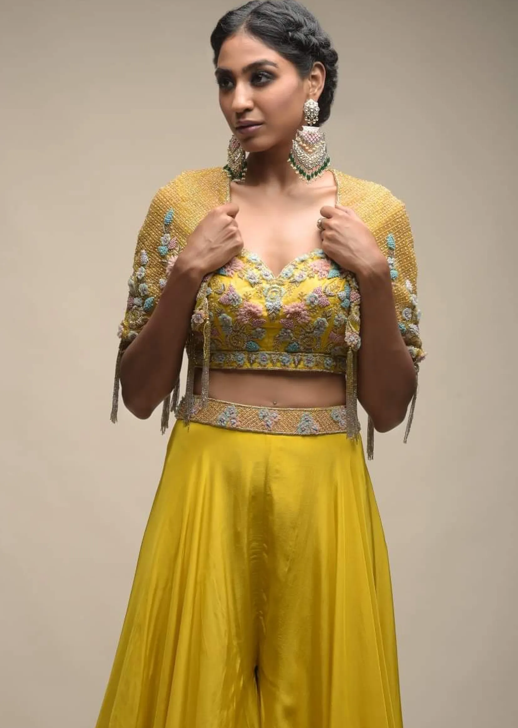 Sun Yellow Palazzo Suit With 3D Organza Flower Embellished Crop Top And Short Cape