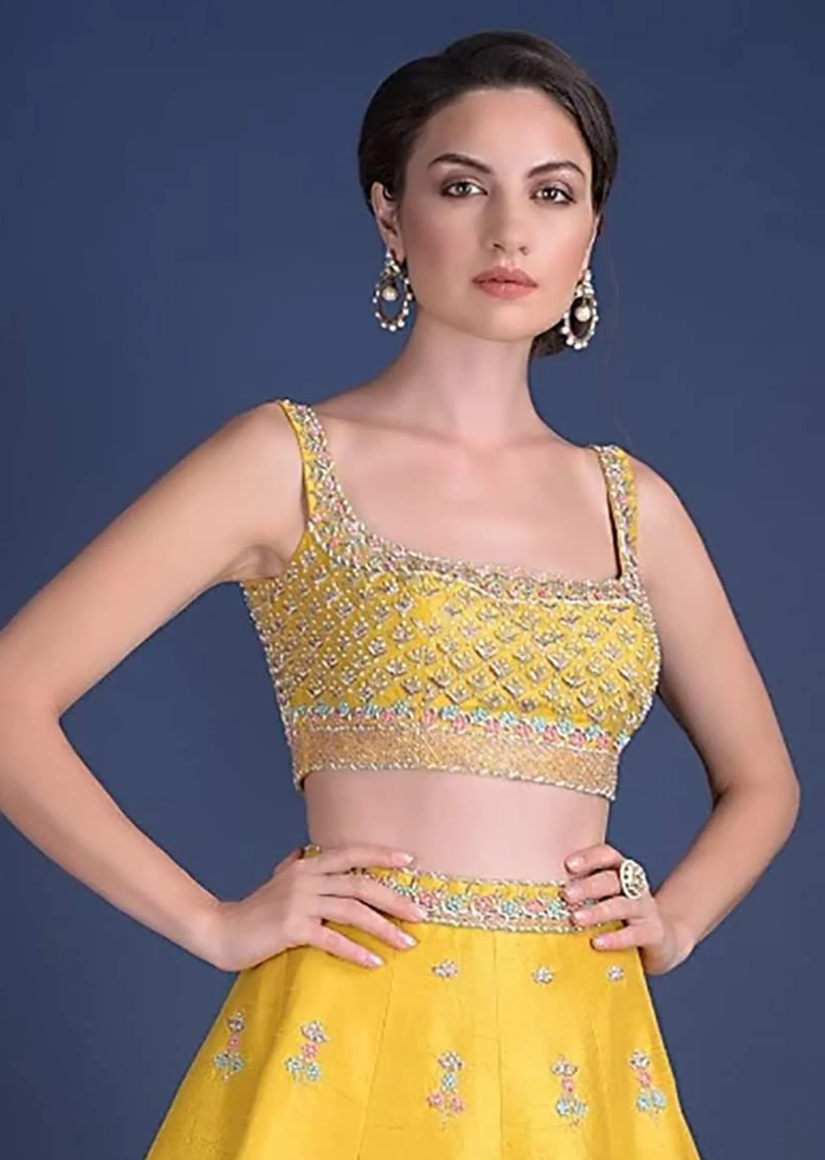 Sunset Yellow Blouse With Heavy Embossed Embroidery In Floral Butti Design
