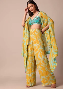 Sunshine Yellow Floral Printed Palazzo With Jacket And Sky Blue Sequence Embroidered Crop Top