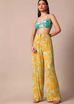 Sunshine Yellow Floral Printed Palazzo With Jacket And Sky Blue Sequence Embroidered Crop Top