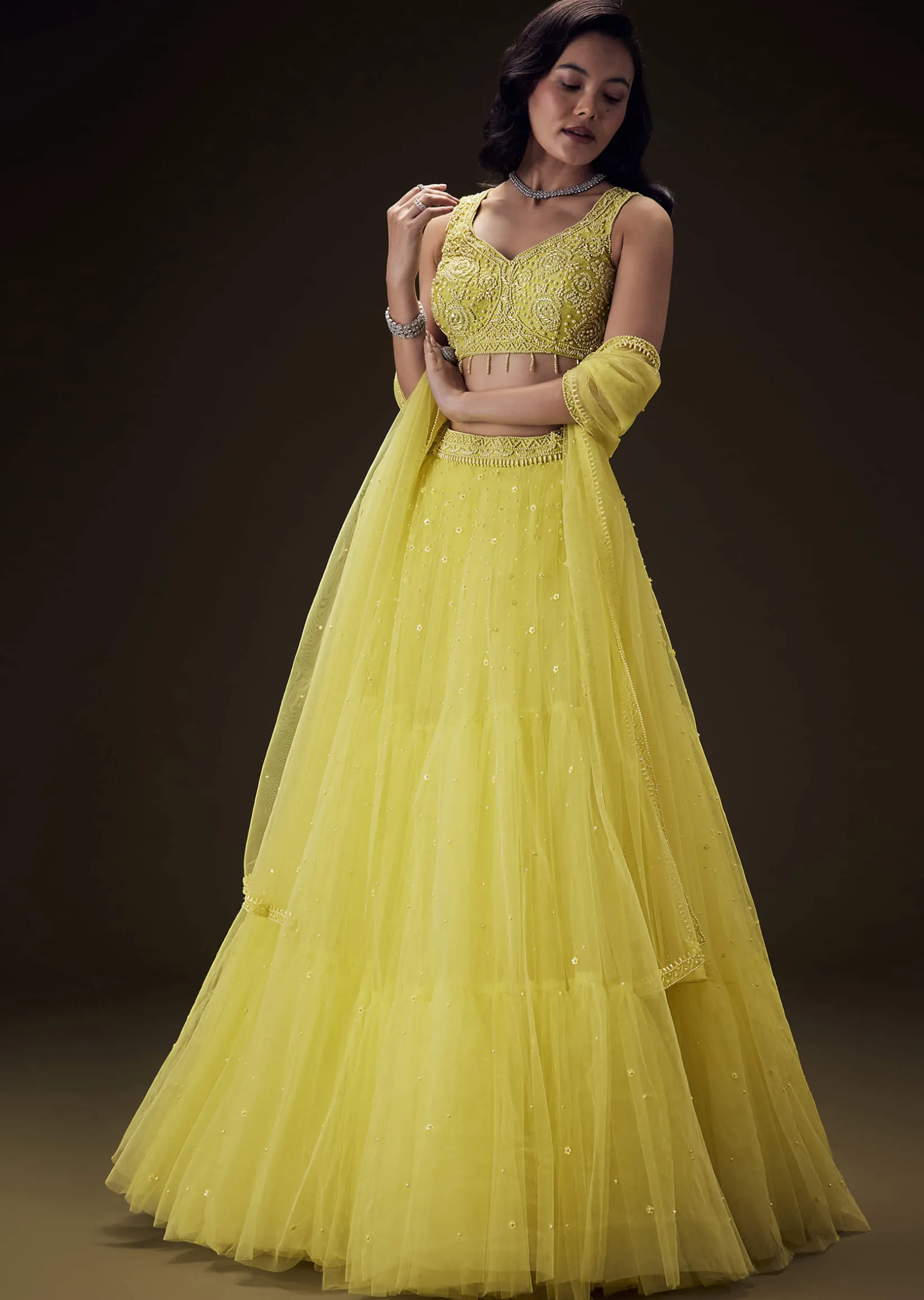 Sunshine Yellow Net Hand Embroided Pearl Work Lehenga Set