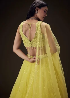 Sunshine Yellow Net Hand Embroided Pearl Work Lehenga Set