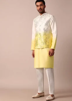 Sunshine Yellow Ombre Silk Jacket Kurta Set For Men