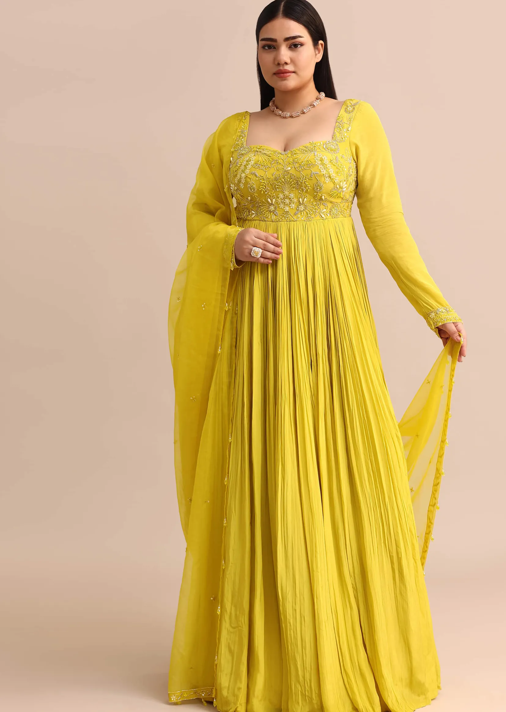 Sweetheart Neck Embroidered Crepe Yellow Anarkali Suit