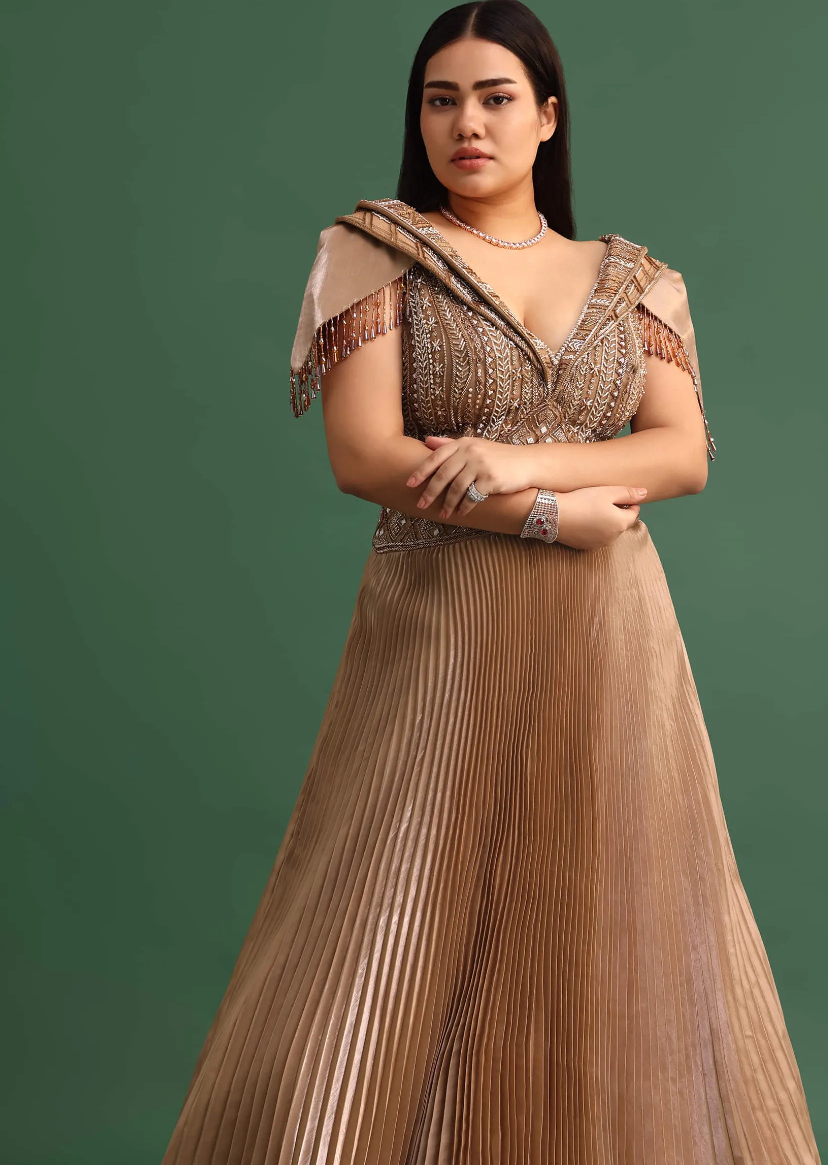 Tan Brown Pleated Circular Embroidered Gown