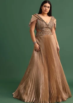 Tan Brown Pleated Circular Embroidered Gown