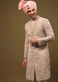 Tan Brown Silk Sherwani Set In Zari And Sequins Embroidery