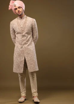 Tan Brown Silk Sherwani Set In Zari And Sequins Embroidery