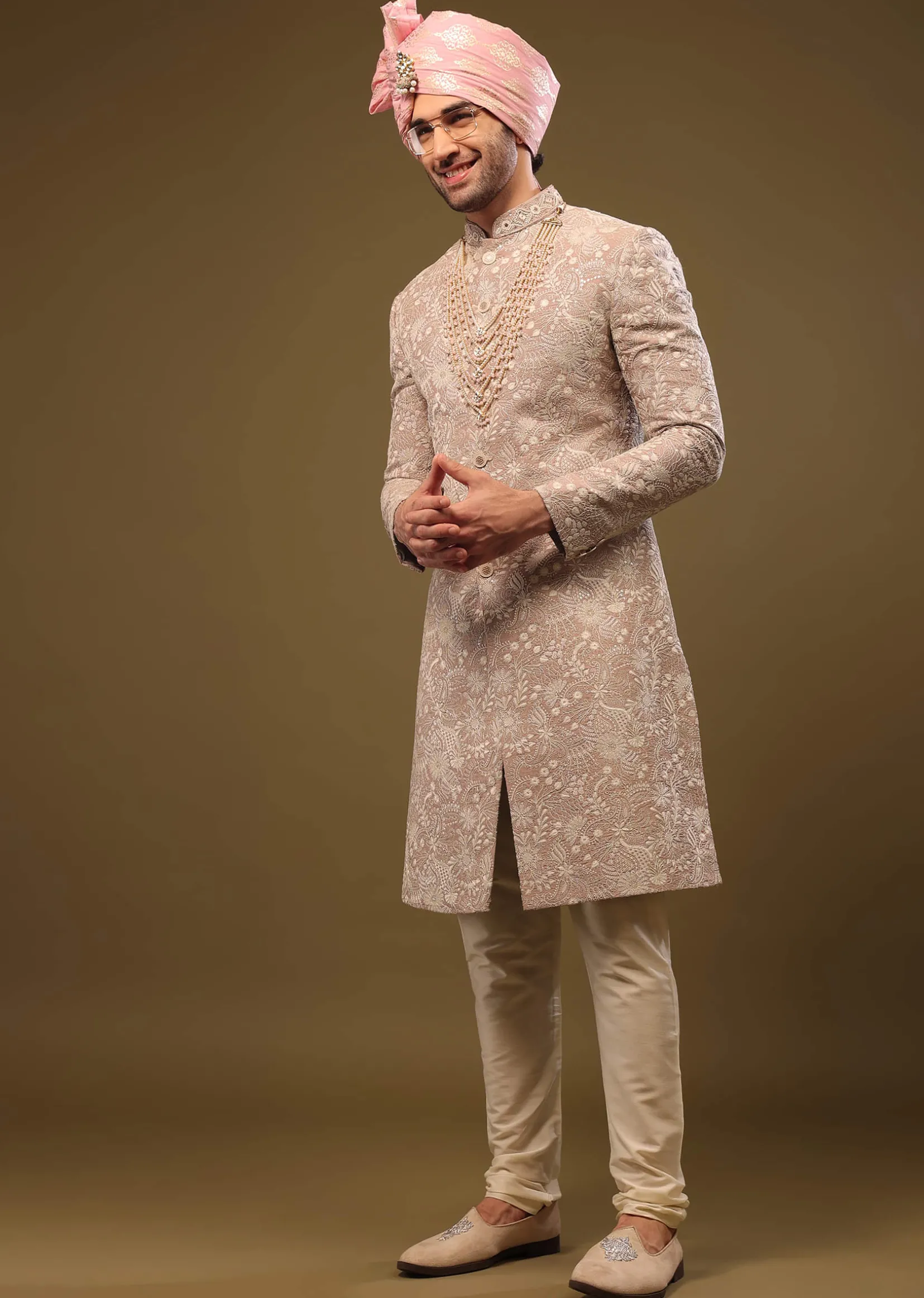 Tan Brown Silk Sherwani Set In Zari And Sequins Embroidery