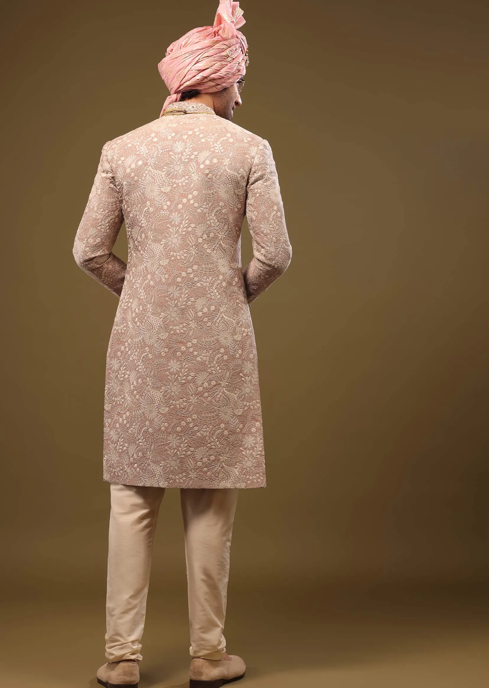 Tan Brown Silk Sherwani Set In Zari And Sequins Embroidery