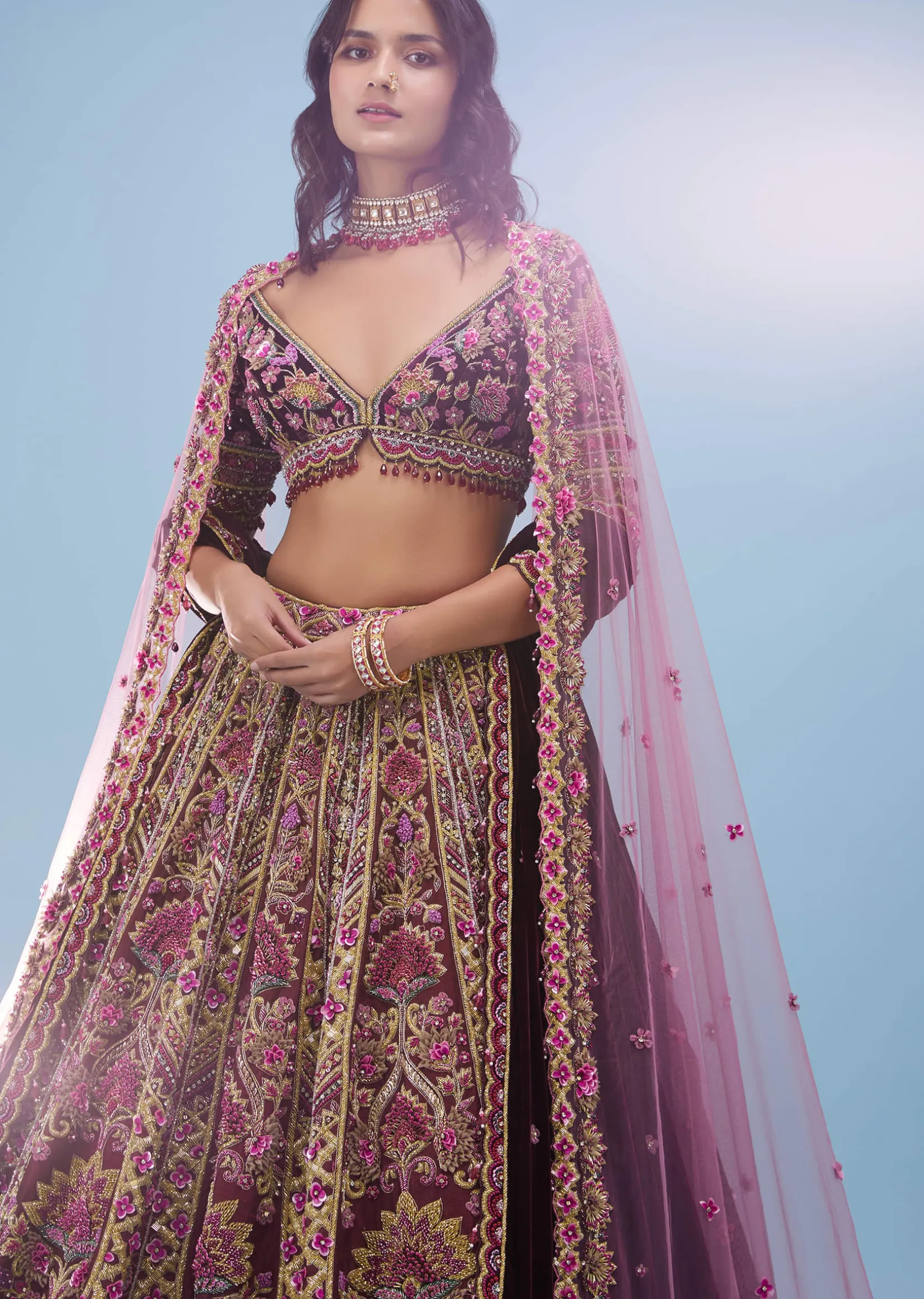 Tara Sutaria Accentuating Kalki Bridal Couture, Blood Red Heavily Embroidered Florid Lehenga Set - Noor 2022