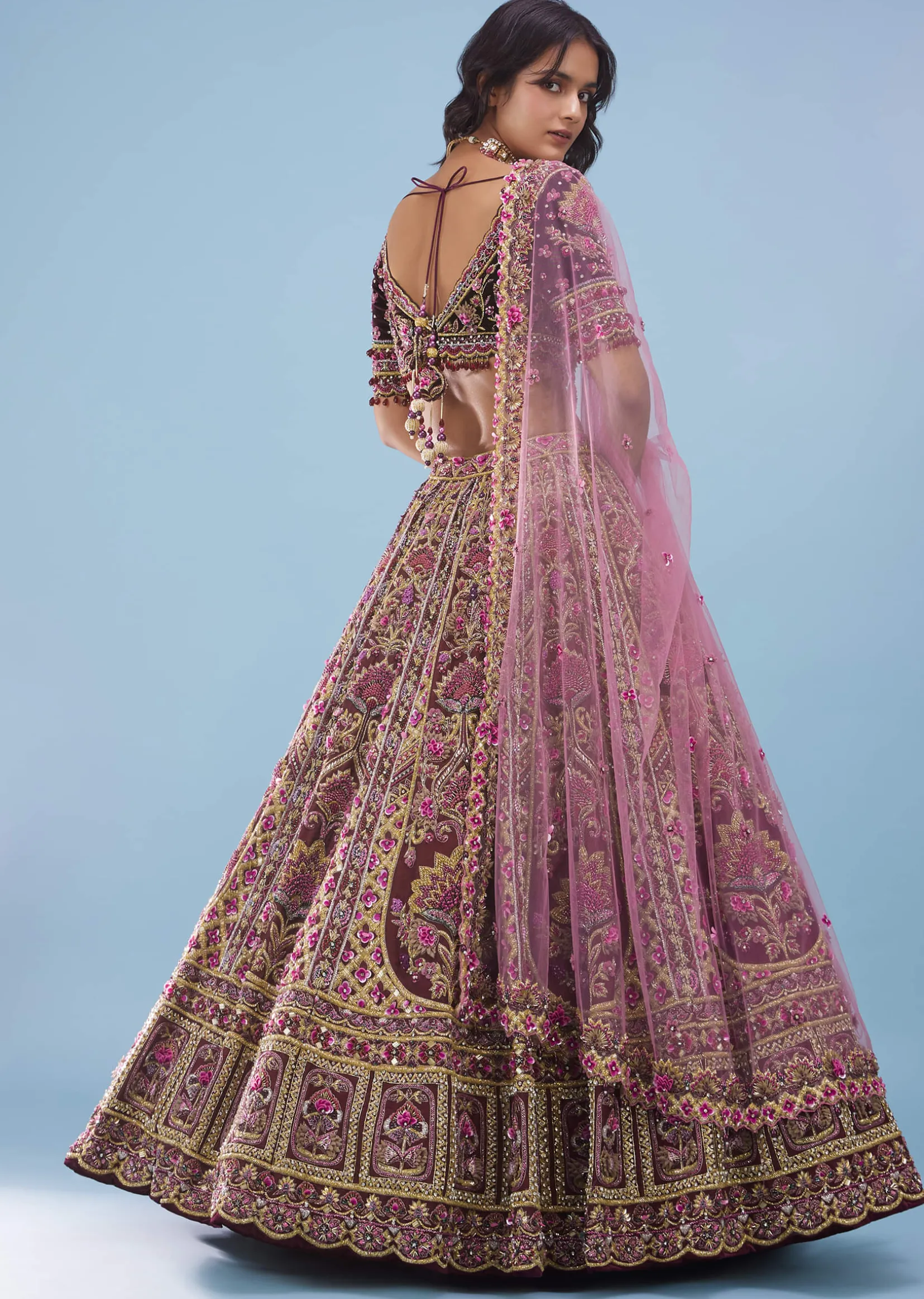Tara Sutaria Accentuating Kalki Bridal Couture, Blood Red Heavily Embroidered Florid Lehenga Set - Noor 2022