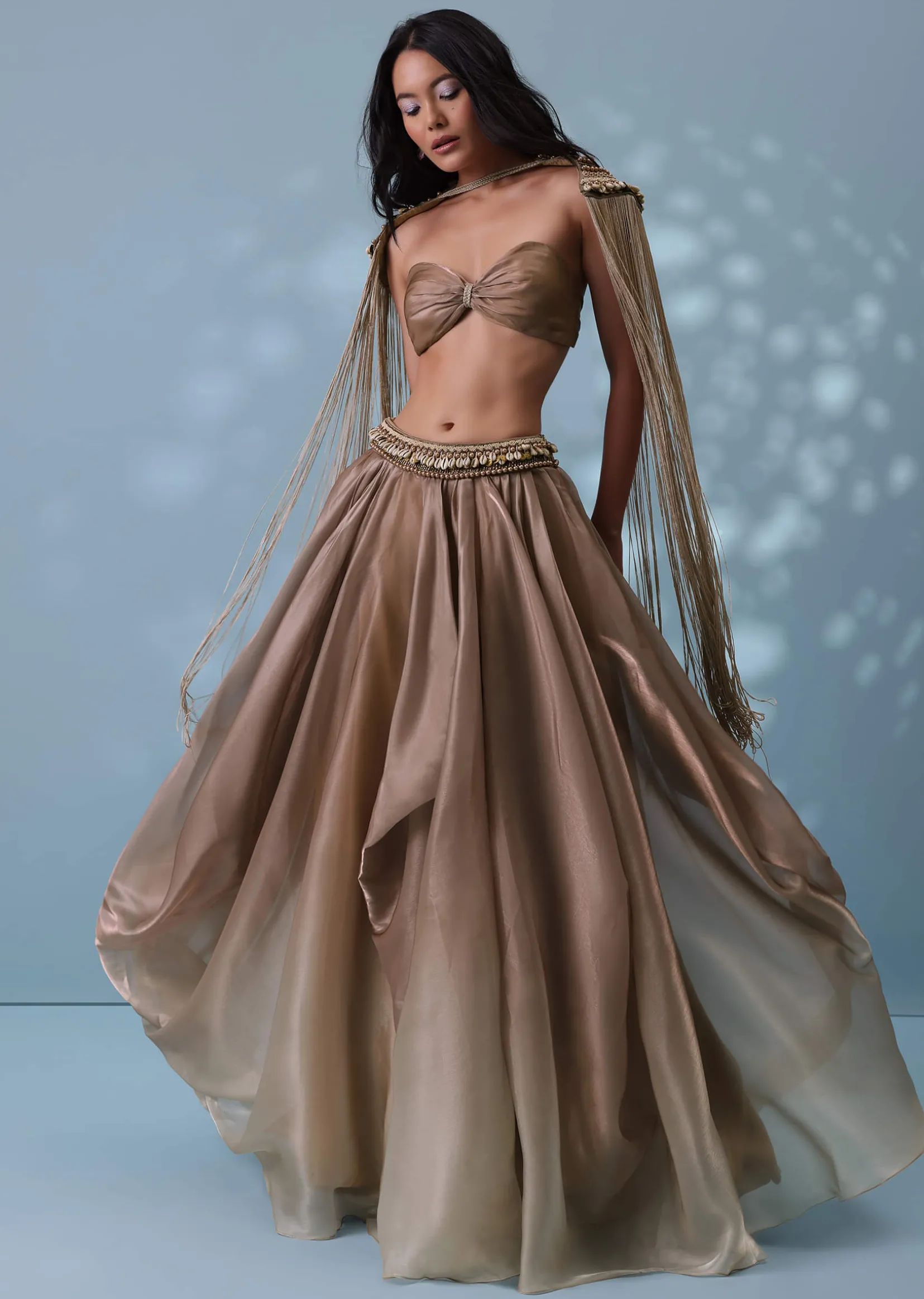 Taupe Brown Embroidered Cowl Lehenga And Cape Blouse In Shimmer Organza