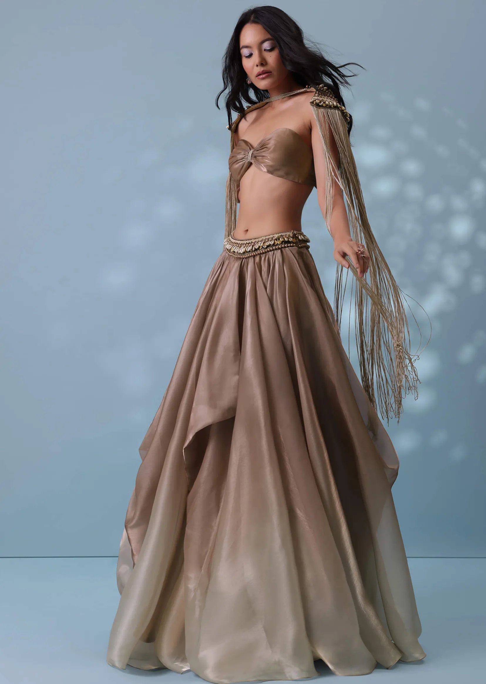 Taupe Brown Embroidered Cowl Lehenga And Cape Blouse In Shimmer Organza