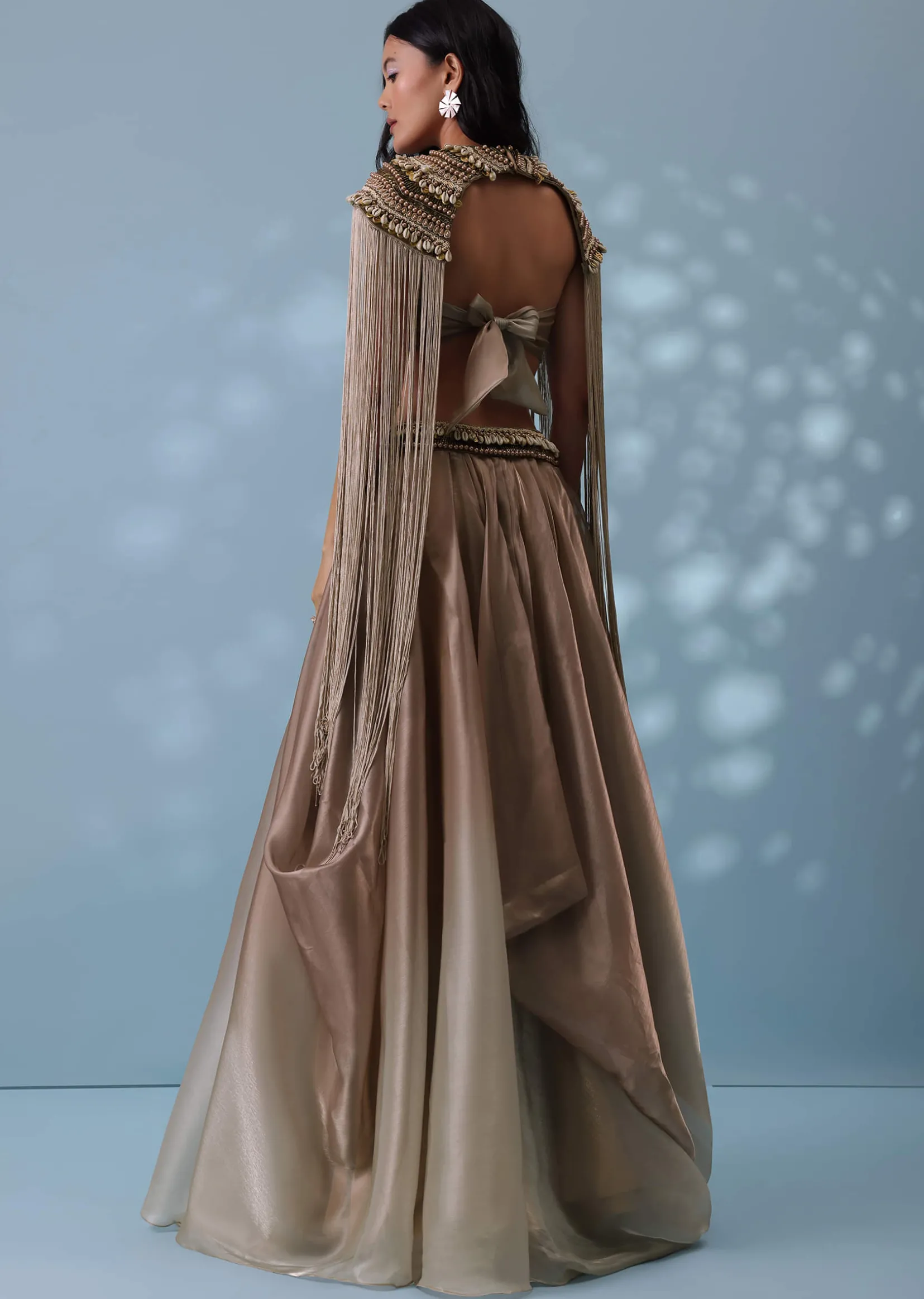 Taupe Brown Embroidered Cowl Lehenga And Cape Blouse In Shimmer Organza